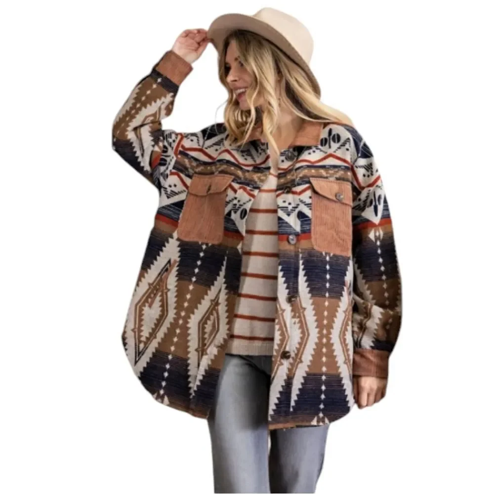 Western Shaket Sweater Jacket Tribal Aztec Print brown black buttondown L - Picture 1 of 13